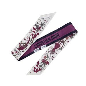Dior Mitzah Scarf Silk Burgundy Logo and Floral Ivory Twilly